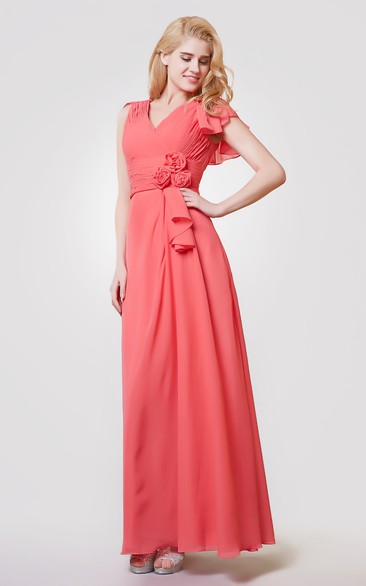 V-neck Ruched A-line Long Chiffon Dress With Flower