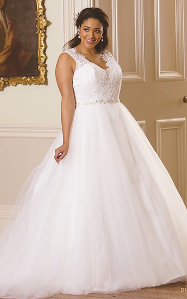 Ball Gown Maxi Sleeveless V-Neck Jeweled Tulle Plus Size Wedding Dress With Appliques And Illusion