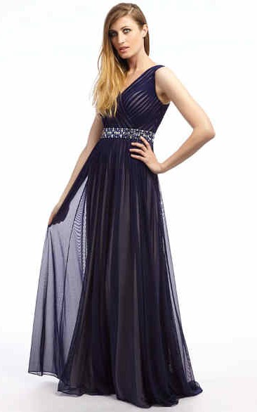 Long Jeweled Sleeveless V-Neck Tulle Prom Dress With Ruching