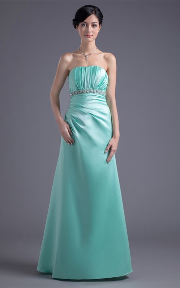 Strapless A-Line Satin Gemmed Waist and Dress With Ruching