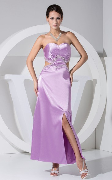Sweetheart Ankle-Length Ruched Keyhole and Dress With Beading