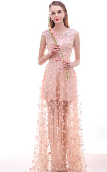 Sheer Neck Appliques Bow Prom Dress