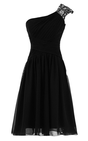 Classic One Shoulder Ruched Chiffon Short Dress With Sequined Short Sleeve