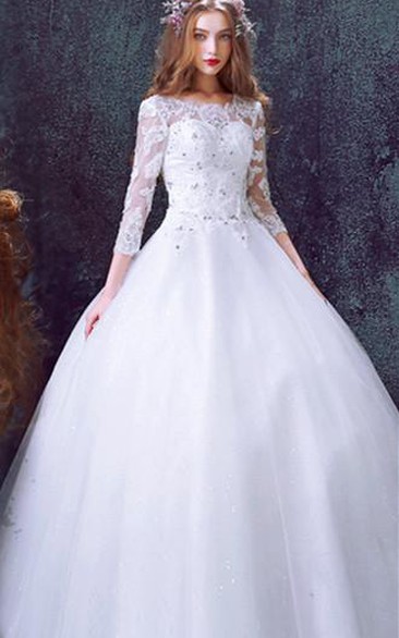 Romantic Tulle Lace Beadings Wedding Dress 3-4-Long Sleeve Princess