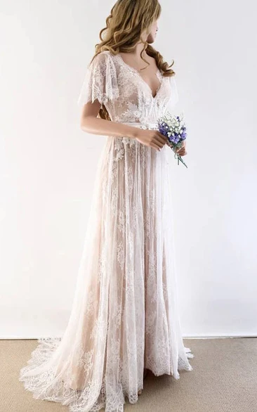 V-neck Short-sleeve Pleated Empire Lace Wedding Dress