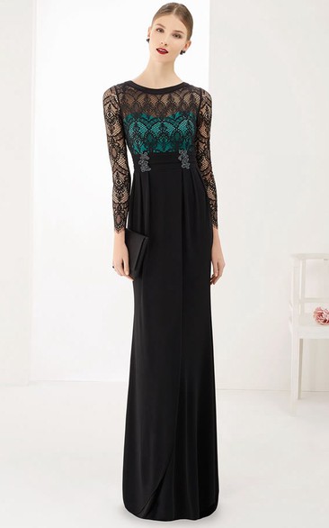 Scoop Neck Long Sleeve Sheath Chiffon Long Prom Dress With Lace Top
