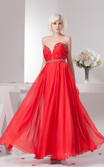 Chiffon Floor-Length Plunged Pleats and Gown With Beading