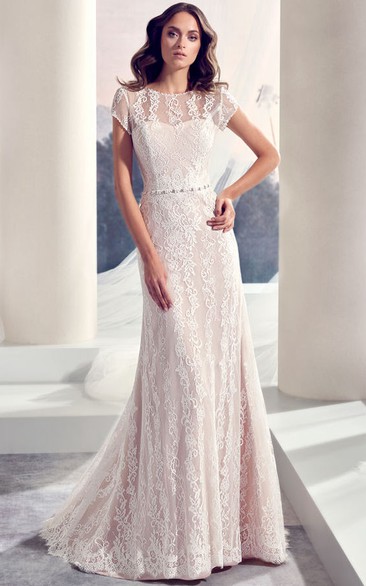 Floor-Length Scoop Jeweled Cap-Sleeve Lace Wedding Dress With Brush Train And V Back