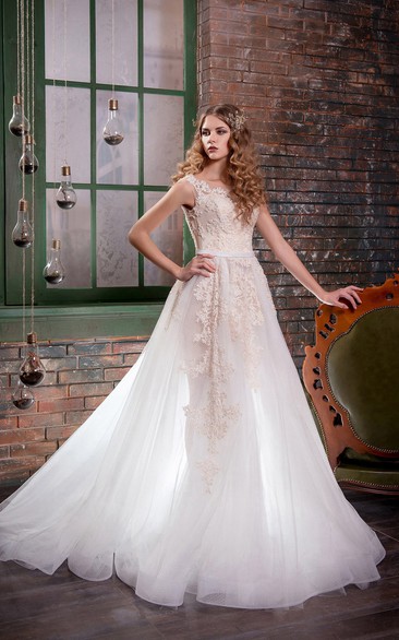 A-Line Floor-Length Scoop Sleeveless Illusion Tulle Dress With Appliques