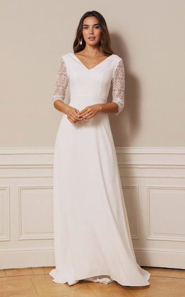Simple A Line V-neck Chiffon Lace Floor-length Deep-V Back Wedding Dress