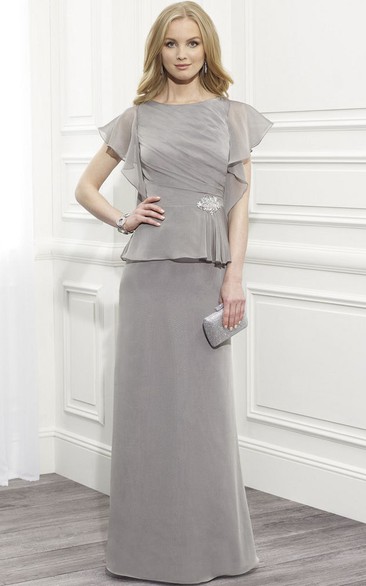Ruched Poet Sleeve Scoop Neck Chiffon Mother Of The Bride Dress With Broach And Peplum