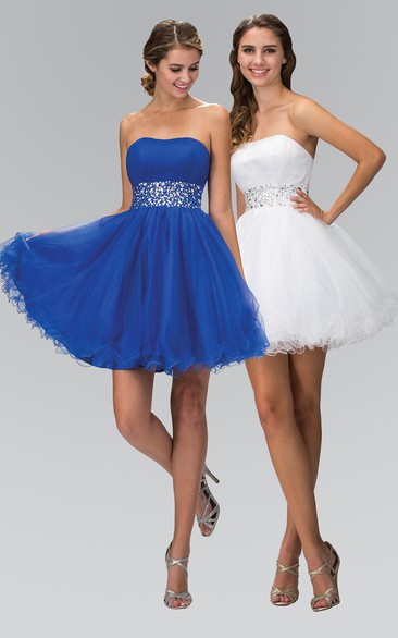 A-Line Short Strapless Sleeveless Tulle Lace-Up Dress With Beading And Ruffles