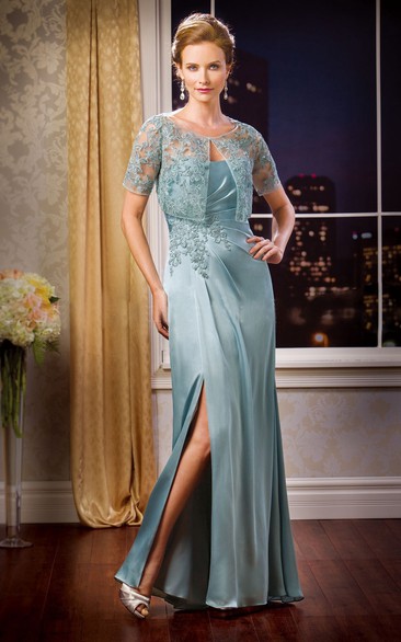 Strapless Side Silted Mother Of The Bride Dress With Detachable Short-Sleeved Jacket Style