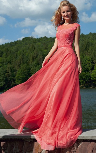 Appliqued Scoop-Neck Floor-Length Prom Dress