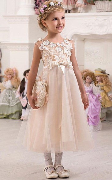 Flower Girl Illusion Neck Cap Sleeve Tulle Midi Dress With Bow