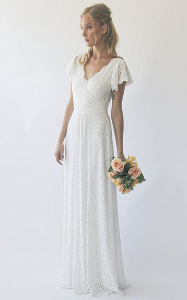 Simple Sheath Short Sleeve With Ruching V-neck Lace Wedding Dress in Floor-length