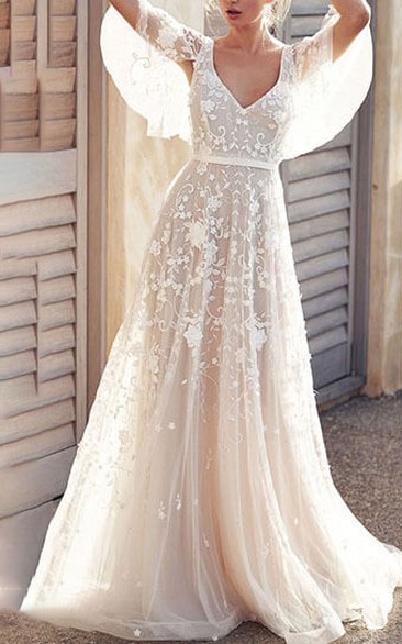Tulle Empire Lace Pleated Cape A-line Illusion Boho Wedding Dress with Deep-v Back