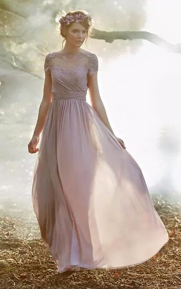 Jewel A-line Floor-length Short Sleeve Chiffon Bridesmaid Dress with Zipper Low-V Back