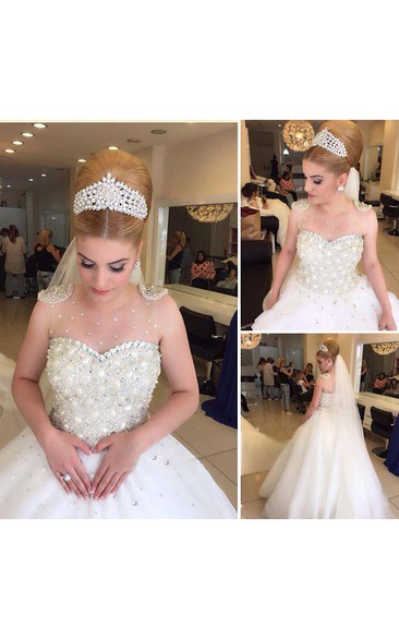 Glamorous Beading Tulle Wedding Dress Ball Gown Floor-length