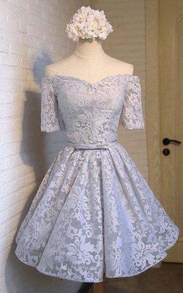 Elegant Half Off-the-shoulder Lace Sleeve Sweetheart Neckline Dresses