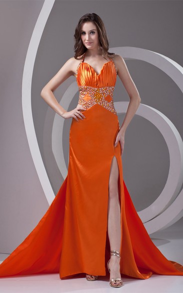 Satin Ruched Front-Split Halter and Dress With Rhinestone