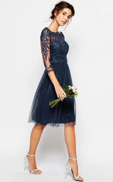 3-4-Sleeve Bateau-Neck Knee-Length Tulle Bridesmaid Dress With Illusion