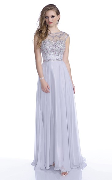 Cap Sleeve A-Line Chiffon Prom Dress Featuring Shining Rhinestone Bodice