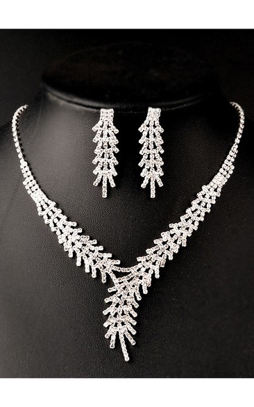 Classic Feather Shape Rhinestone Necklace and Earrings Jewelry Set