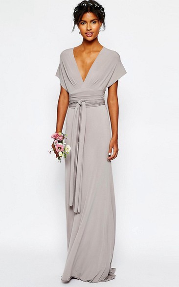 Sheath V-Neck Sash Floor-Length Short-Sleeve Jersey Bridesmaid Dress