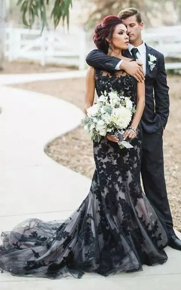 Mermaid Lace Bateau Sleeveless Floor-length Sweep Train Vintage Wedding Dress