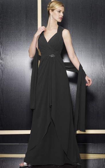 A-Line Floor-Length Draped Sleeveless V-Neck Chiffon Formal Dress With Keyhole Back And Broach