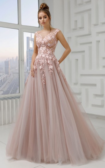 Bohemian V-neck Ball Gown Lace and Tulle Floor-length Prom Dress with Ruffles