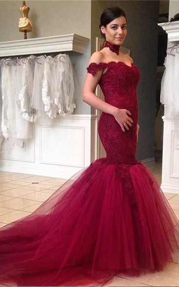 Sexy High Neck Tulle Mermaid Wedding Dress Lace Appliques Sweep Train