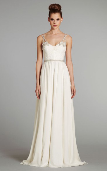 Delicate Sleeveless Draped Bodice Long Gown With Floral Beaded Straps