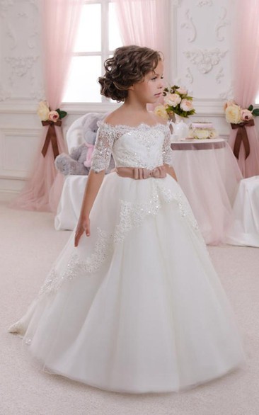 Flower Girl Off-the-shoulder Empire Tulle Ball Gown With Sash