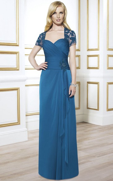 Sheath Short-Sleeve Sweetheart Criss-Cross Maxi Chiffon Formal Dress With Draping And Appliques
