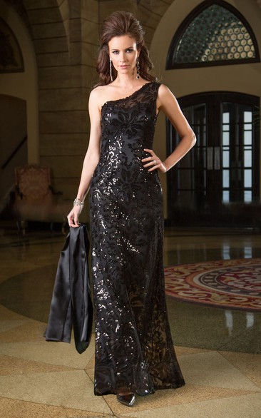 One-Shoulder Long Gown With Allover Sequins And Illusion Back