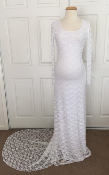 Lace Sheath Illusion Long Sleeve Scoop Maternity Wedding Dress