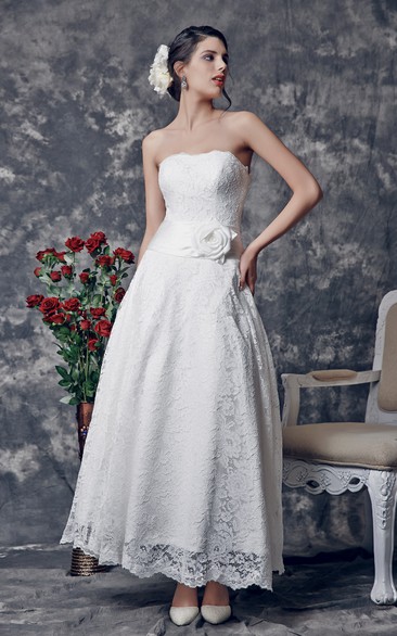 Delicate Strapless Tea Length Lace Dress With Floral Ruched Waistline