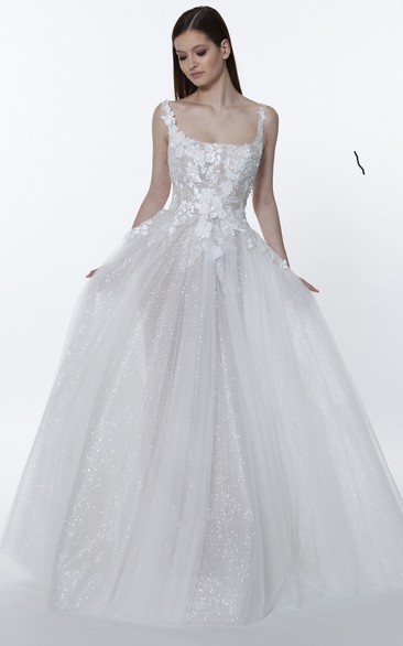 Casual Square A Line Tulle Floor-length Sleeveless Wedding Dress with Appliques