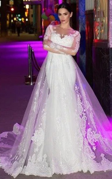 Modern Illusion Bateau A Line Lace Floor-length Long Sleeve Wedding Dress with Appliques