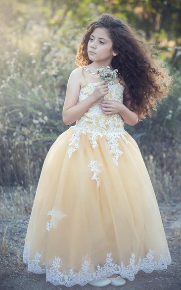 Flower Girl Beading Neck Tulle Ball Gown With Lace
