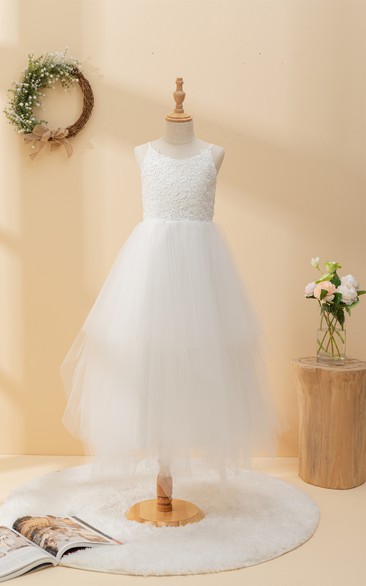 Casual Spaghetti Lace Top A-line Flowergirl Dress with Tulle Skirt