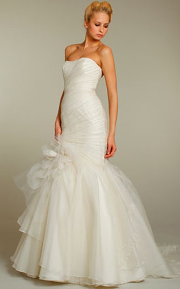Sassy Strapless Asymmetrical Draped Bodice Organza Tiered Bridal Dress With Floral Detail