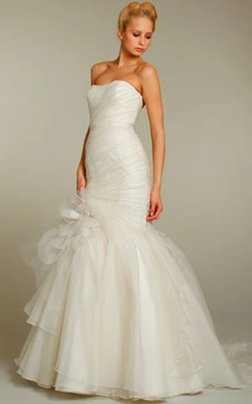 Sassy Strapless Asymmetrical Draped Bodice Organza Tiered Bridal Dress With Floral Detail