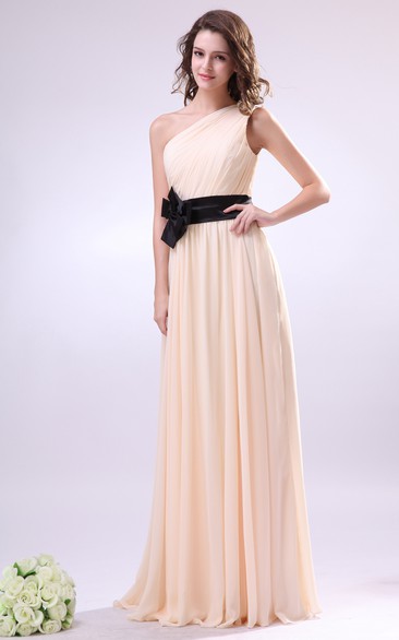 Chiffon One-Shoulder Maxi Dress With Pleating and Flower