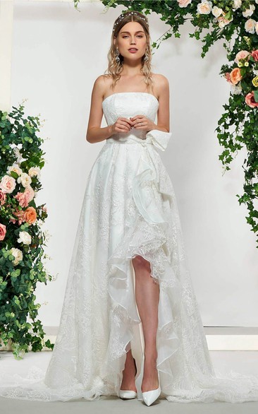 Sleeveless High-low Romantic Lace Short Bridal Dresses Gown With Sash And Bow