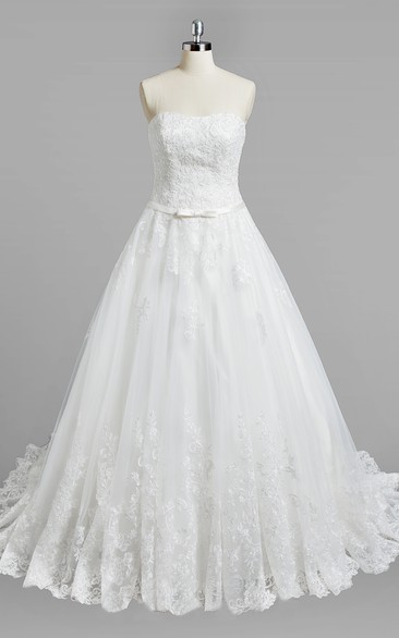 Strapless A-Line Lace Wedding Dress With Satin Belt