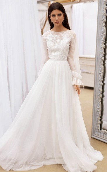 Bateau-neck Illusion Long Sleeve Empire Tulle White A-line Wedding Dress with Beadings and Low-v Back
