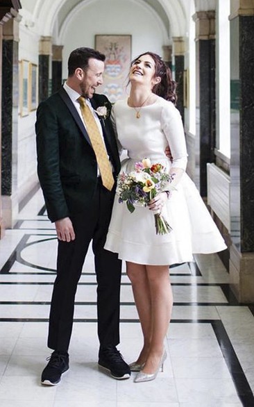 Knee Length Satin 3/4 Sleeve Wedding Dress With Bateau Neckline And Ruching